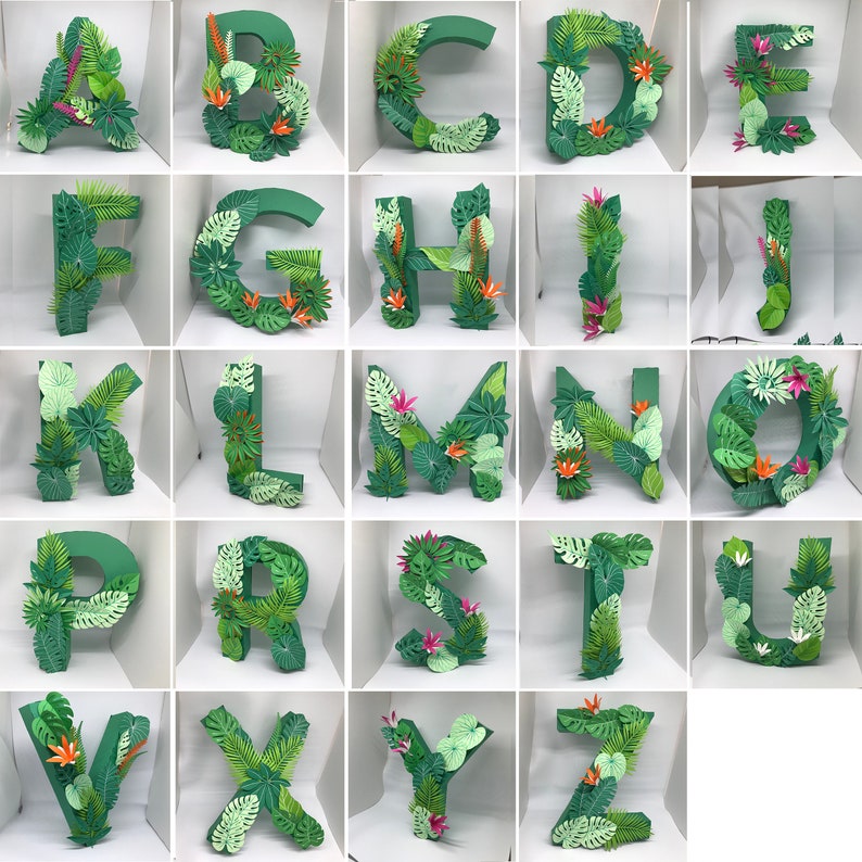 Letters with jungle decoration, 3D alphabets, SVG for Cricut, pdr files, DIY papercraft, digital vector templates image 2