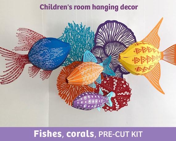 Fishes, corals, sea life hanging decor, papercraft activity kit, 3D low poly, DIY papercraft