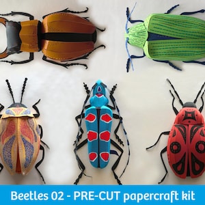 Paper Beetles 02 PRE-CUT-versie, papercraft-activiteitenkit, doe-het-zelf wanddecoratie