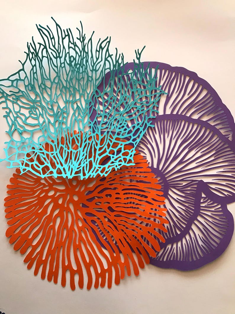 May include: A collection of three flat, laser-cut decorative shapes. One piece is a teal, branching coral-like structure. Another is a bright orange, circular piece with a radial, organic pattern. The third is a purple, fan-shaped piece.