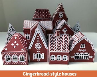 Gingerbread-style houses, paper craft Christmas decoration, Advent Calendar (vector templates, SVG, PDF files)