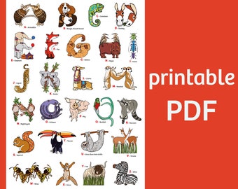 Poster degli alfabeti degli animali, PDF stampabile, decorazione dell'asilo nido ABC, arte della parete per bambini, decorazione della classe degli alfabeti A-Z