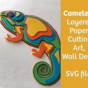 Chameleon layered paper cutting art, wall decor, SVG files for Cricut, vector template