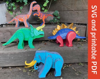 May include: Five colorful papercraft dinosaur and mammoth figures. The figures are made of paper and are designed to be assembled. The dinosaurs are a green triceratops, a blue stegosaurus, an orange brachiosaurus, and a blue velociraptor. The mammoth is blue and has a yellow tusk.