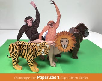 Paper Zoo 1. Papercraft Animals: Gorilla, Gibbon, Chimpanzee, Lion, Tiger, PDF files