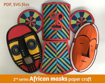 African masks (2nd series) paper craft activities, PDF and SVG files, vector pattern