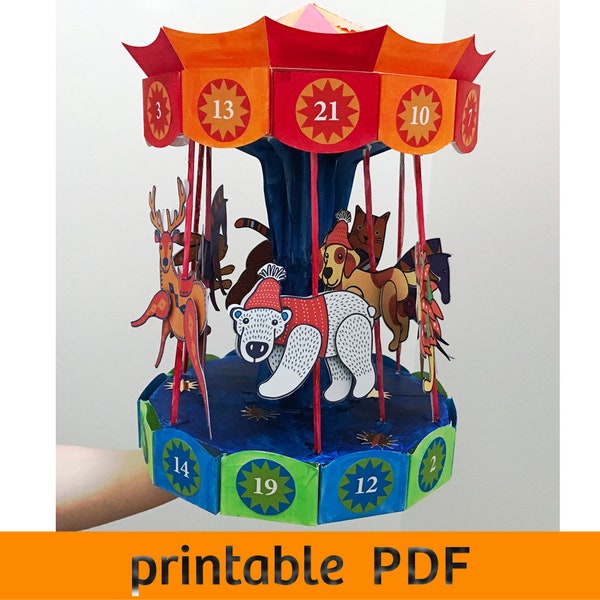 Calendrier de l'Avent carrousel, PDF imprimable, créations artisanales en papier, modèles numériques vectoriels, art en papier 3D