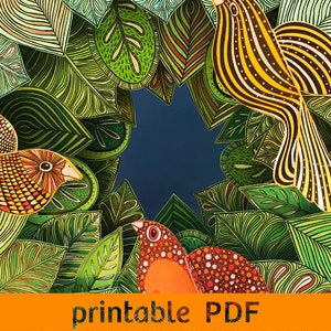 May include: A printable PDF featuring a colourful illustration of a wreath of leaves and birds. The birds are stylised and have intricate patterns. The leaves are green, yellow, and brown.