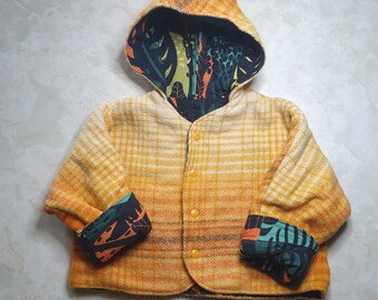 Size 2 Woollen Winter Jacket - reversible - hood - upcycled wool blanket - cotton lining