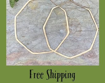 Octagon Hoop Earrings in Sterling Silver or 14 K Gold and Rose Gold Filled Classic Hammered Thin Hoop Earrings, Boho, Large, Minimalist