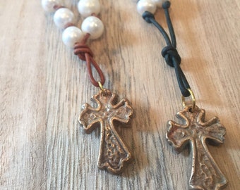 Handmade Bronze Cross Leather Necklace