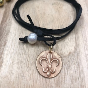 Fleur de Lis Charm, Leather and Pearl Necklace Necklace, Leather Gold and Pearl Necklace, Choker Neckalce, wrist wrap, leather brac