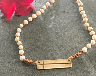 Leather Knotted Pearl Necklace, Leather and Pearl Necklace, Side Cross, Pearl Necklace, Medallion Necklace, Brushed Gold