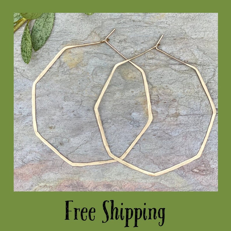Octagon Hoop Earrings in Sterling Silver or 14 K Gold and Rose Gold Filled Classic Hammered Thin Hoop Earrings, Boho, Large, Minimalist image 1