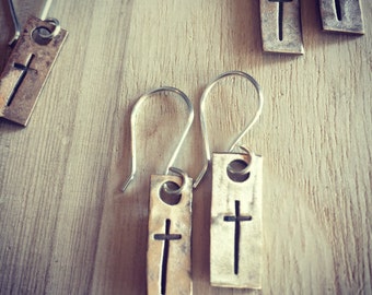Gold and Silver Cross Stamped Earrings, Cross Earrings, Dangling Earrings, Mixed Metal Earrings, Faith Earrings, Cross Earrings