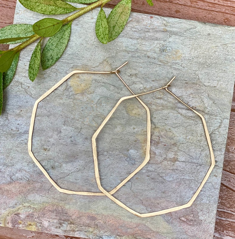Octagon Hoop Earrings in Sterling Silver or 14 K Gold and Rose Gold Filled Classic Hammered Thin Hoop Earrings, Boho, Large, Minimalist image 2