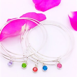 Silver Birthstone Bangle: Expandable Crystal Charm Bracelet