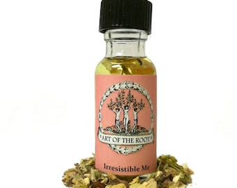 May include: A small glass bottle with a black cap filled with a light yellow liquid. The bottle has a pink label with the text "Art of the Root" and "Irresistible Me". The label also features a black and white illustration of three figures standing under a tree.