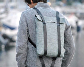 Gray Canvas and Leather Backpack - Sleek and Minimalist Lightweight Rucksack - gift for him