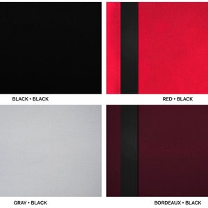 Four different colour ways: black canvas with black leather, red canvas with black leather, gray canvas with black leather and Bordeaux colour with black leather