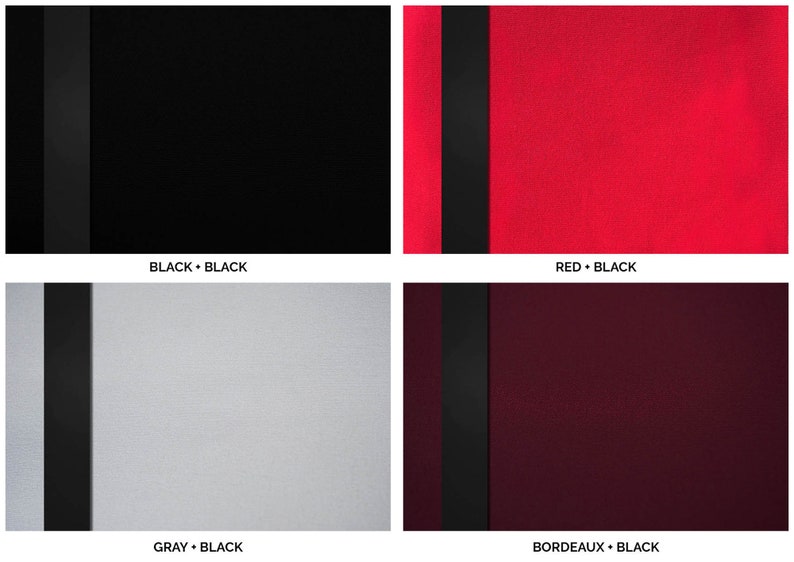 Four different colour ways: black canvas with black leather, red canvas with black leather, gray canvas with black leather and Bordeaux colour with black leather