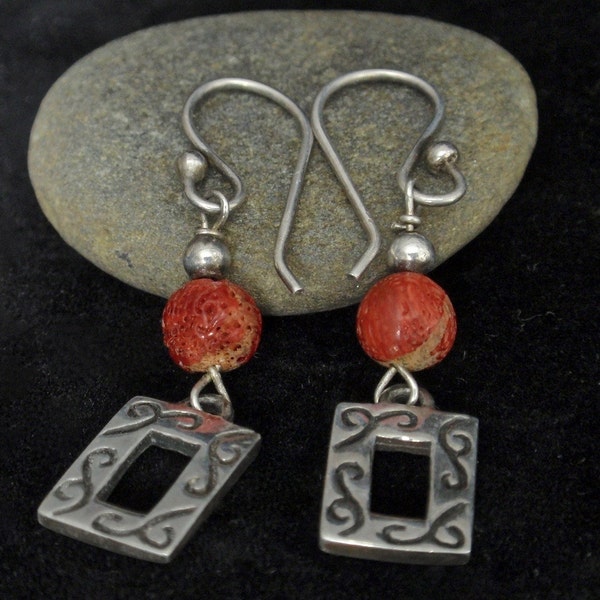 Sterling Silver Dangle Earrings Folk or Tribal Style with Coral Bead & Rectangular Dangles, Pierced EarWire