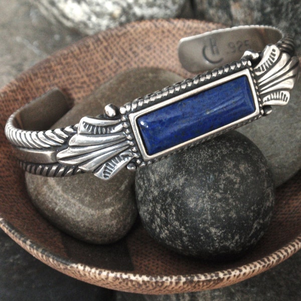 Vintage Carolyn Pollack Relios Heavy Sterling Silver Lapis Lazuli Cuff Bracelet Artful Southwestern Design