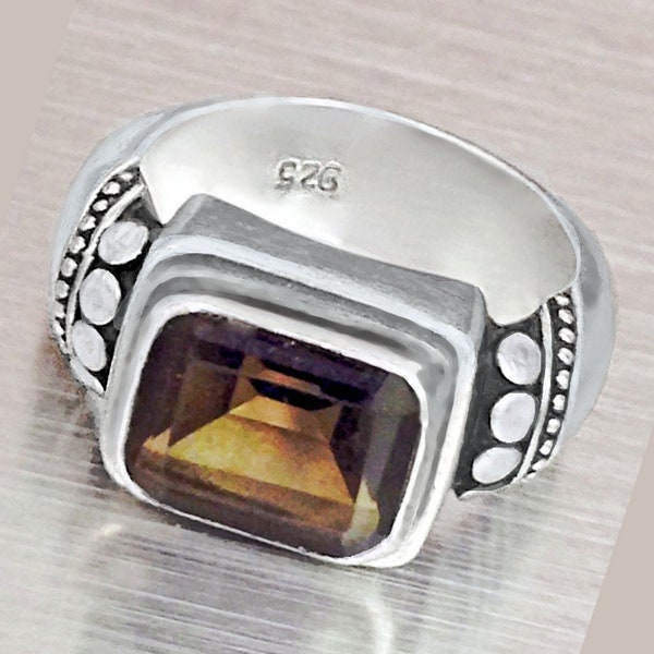 Wunderschöner Lori Bonn Statement RIng, Sterling Silber und Smaragdschliff Rauchtopas Edelstein, Größe 5,75