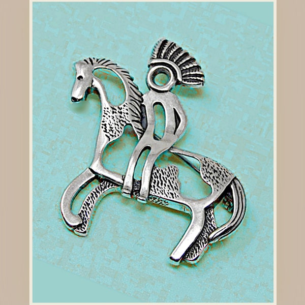 Handsome Sterling Silver Native American Warrior Riding Horse Pin Brooch. Carolyn Pollack, Carlisle Jewelers Hallmark