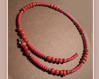 Choker Necklace w Red Bamboo Coral, Rondel Glass and Oxidized Fluted Sterling Beads on Flexible Resilient Memory Wire, Retired Silpada