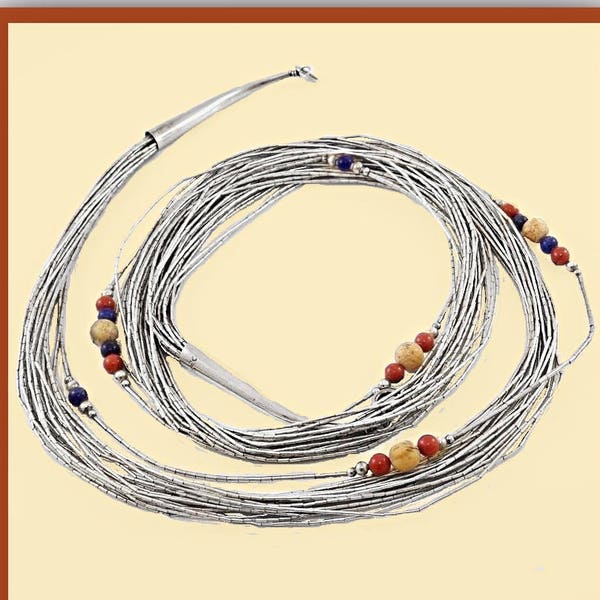 Early Carolyn Pollack & Carlisle Jewelry Necklace 20 Strand Sterling Liquid Silver and Landscape Jasper, Carnelian, Lapis Beads ~ 30" Long