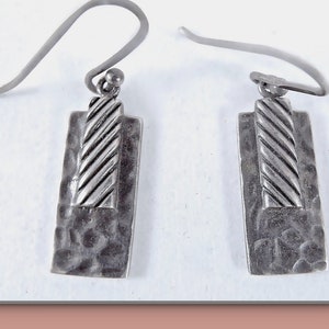 Sterling Silver Earrings Industrial Modernist Style Rectangular Hammered w Fluted Layer,  Dangle Drop Pierced
