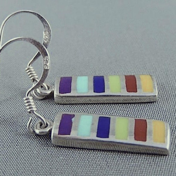 Vintage Sterling Silver Small Dangle Earrings with Six Different Bars of Colored Enamel or Stone