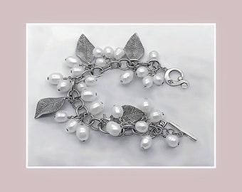 Gorgeous Sterling Silver Cha Cha Bracelet with Dangles of Freshwater Pearls and 4 Charming Oxidized Sterling Leaves, Retired Silpada