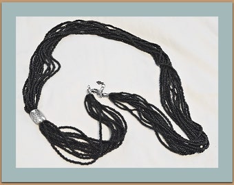 Stunning Necklace Eleven Strands Black Glass Beads w Lg Sterling Silver Textured Offset Accent, Lobster Clasp, SS Extender Chain, Silpada