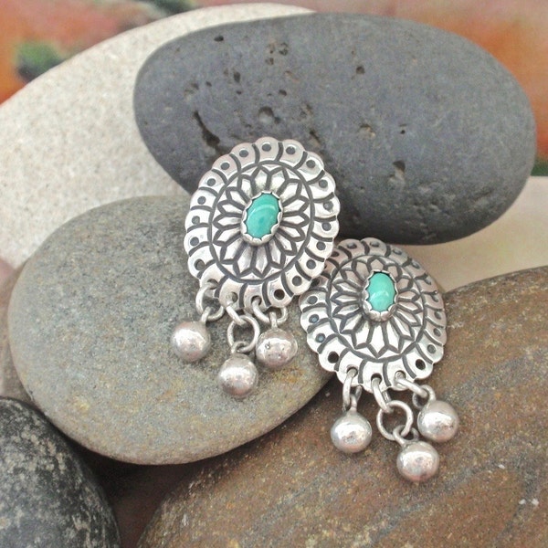 Stamped Designs Sterling Silver and Turquoise Southwestern Earrings with 3 Teardrop Sterling Dangle -  Great Christmas Gift