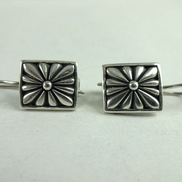 Vintage Sterling Silver Earrings Raised FLower Rectangular Frame Pierced Dangle