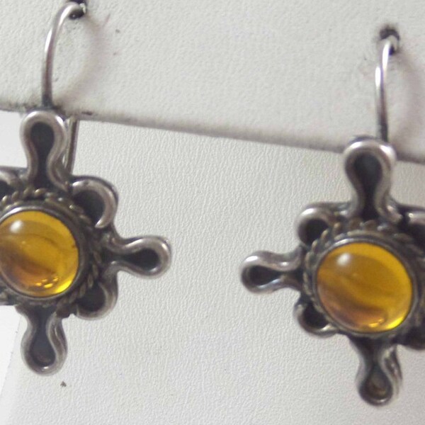 Vintage Sterling Silver Round Braid Cabochon Rich Gold-Amber Citrine Stone Hook Earrings