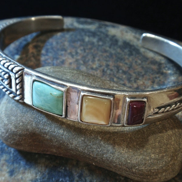 Vintage Rare Carolyn Pollack Relios Sterling Silver Gemstones Cuff Bracelet