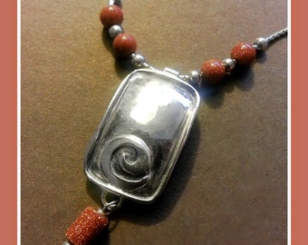 Sterling Silver Pendant Necklace w Red-Orange Sandstone Bead Accents, Spiral on Pendant, 16 1/2" Long, Lobster Clasp, Retired Silpada