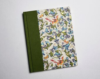 Handmade blank travel journal with birds and vines on cream