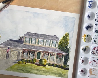 Custom Watercolor Home Painting, House Illustration, Housewarming Gift, Original Watercolor House Portrait