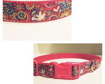 Charming Brown with Pink Mini Hippie Peace Signs Dog Collar