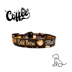 May include: Black and gold dog collar with a coffee theme. The collar has the text "Cold Brew" and "Flat White" printed on it.