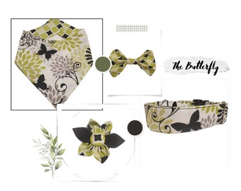 The Butterfly or Green Hexagon Dog Collar Set - Reversible Slip on or Snap on Dog Bandana