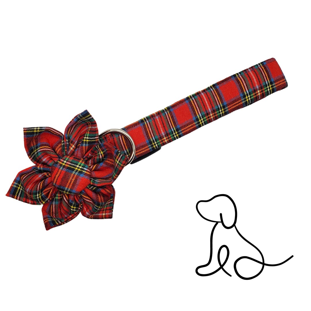 Red Plaid Dog Collar Dog Bow Tie Dog Collar Flower Etsy