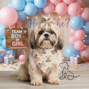 Peut inclure: Un chien Shih Tzu avec un petit nœud sur la tête porte un bandana crème avec le texte répété "Girl or Boy" en rose et bleu. Le chien est assis devant un panneau en bois indiquant "Team Boy or Girl" entouré de ballons roses et bleus.