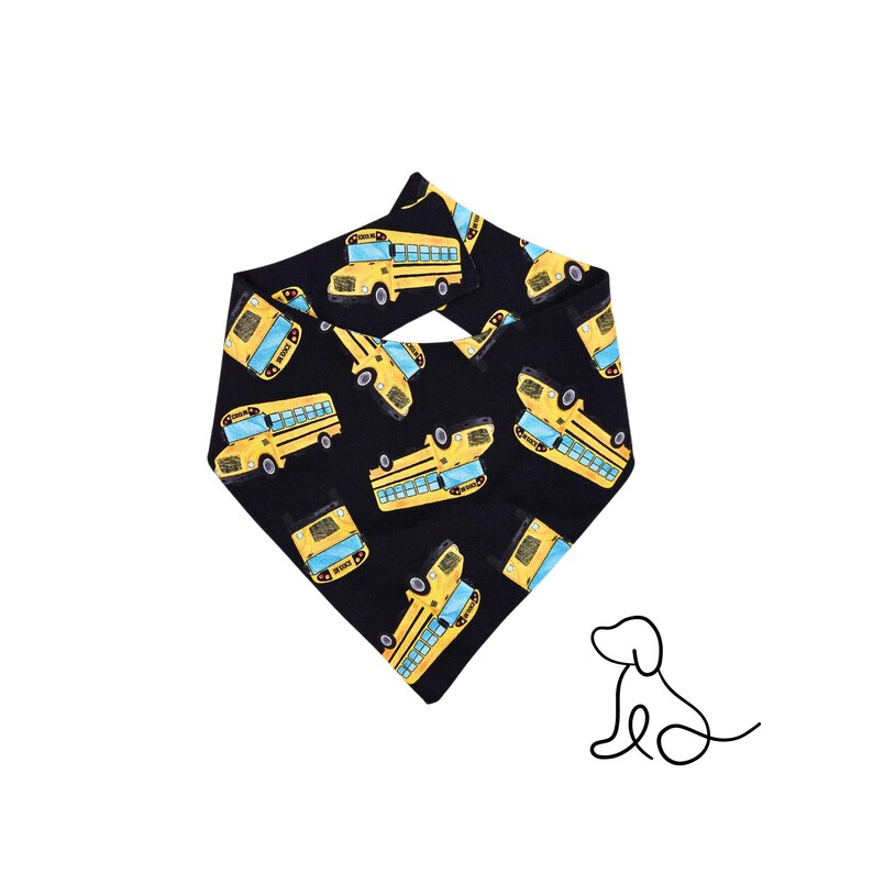 May include: Black bandana with a repeating pattern of yellow school buses.