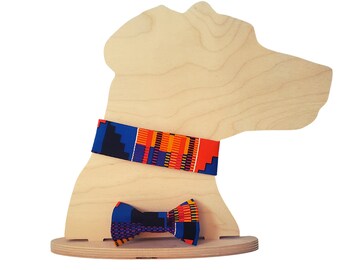 Blue Kente Dog Collar Set with a Bow Tie - Slip On The Collar Bandana - Dog Collar