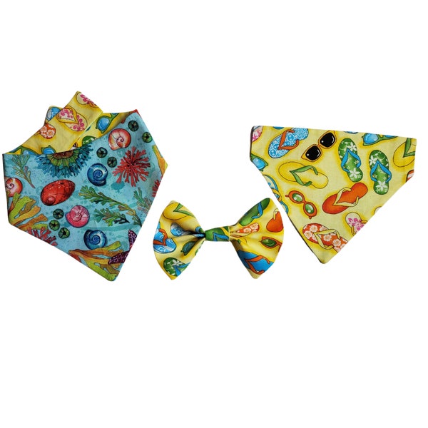 Reversible Flip Flop and Under The Sea Snap On or Slip On Bandana - Cat or Dog Bow Tie